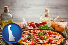 delaware map icon and a gourmet pizza