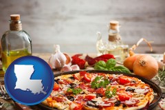 louisiana map icon and a gourmet pizza