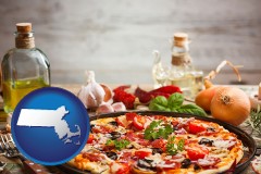 massachusetts map icon and a gourmet pizza