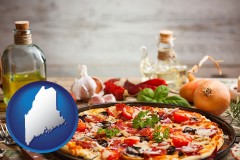 maine map icon and a gourmet pizza