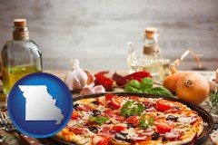 missouri map icon and a gourmet pizza
