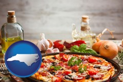 north-carolina map icon and a gourmet pizza