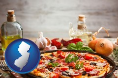 new-jersey map icon and a gourmet pizza