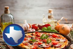 texas map icon and a gourmet pizza