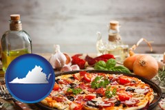 virginia map icon and a gourmet pizza